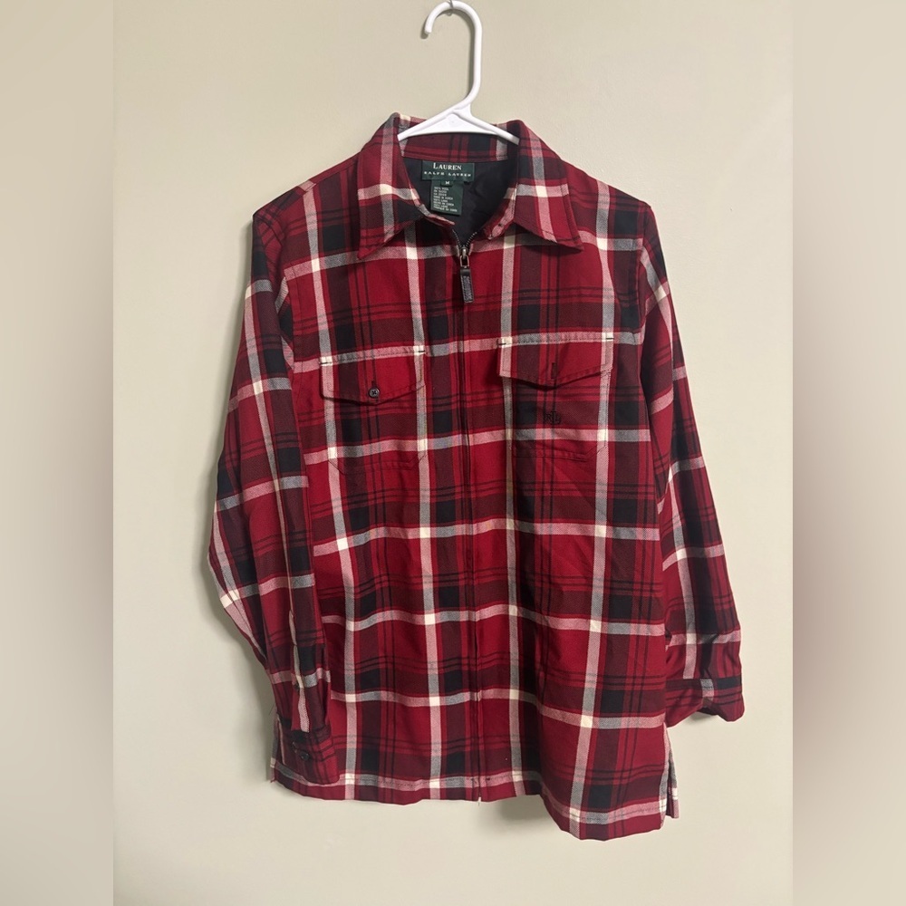 Ralph Lauren LRL 100% Wool Jacket Womens Size Medium Zip Up Shacket Red Plaid